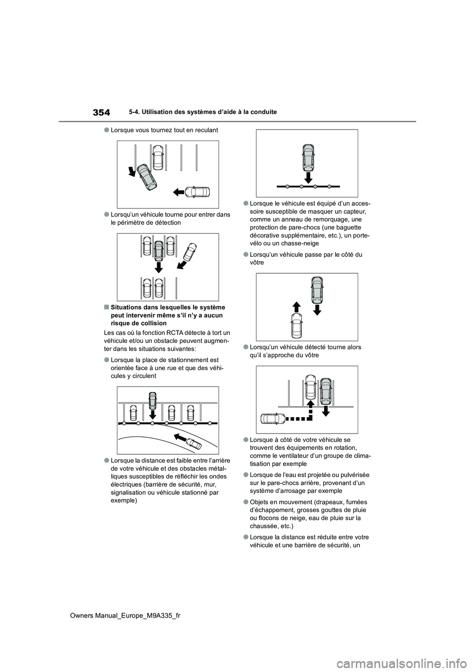 TOYOTA BZ4X 2022  Notices Demploi (in French) 354
Owners Manual_Europe_M9A335_fr
5-4. Utilisation des systèmes d’aide à la conduite
●Lorsque vous tournez tout en reculant
●Lorsqu’un véhicule tourne pour entrer dans  
le périmètre de 