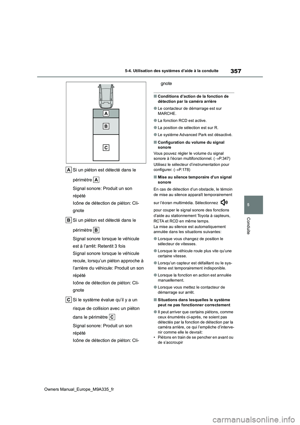 TOYOTA BZ4X 2022  Notices Demploi (in French) 357
5
Owners Manual_Europe_M9A335_fr
5-4. Utilisation des systèmes d’aide à la conduite
Conduite
Si un piéton est détecté dans le  
périmètre  
Signal sonore: Produit un son  
répété
Icôn