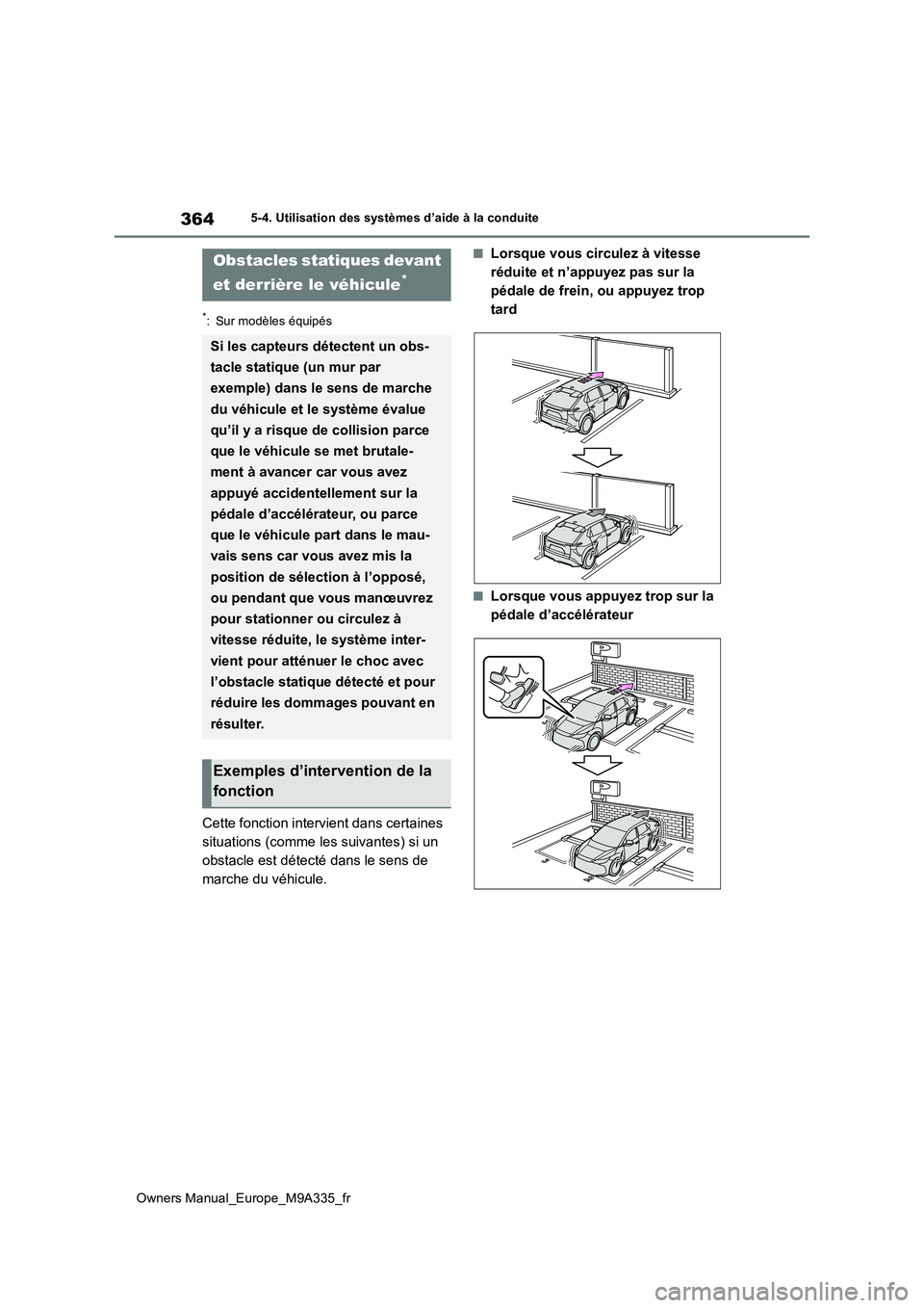 TOYOTA BZ4X 2022  Notices Demploi (in French) 364
Owners Manual_Europe_M9A335_fr
5-4. Utilisation des systèmes d’aide à la conduite
*: Sur modèles équipés
Cette fonction intervient dans certaines  
situations (comme les suivantes) si un 
o