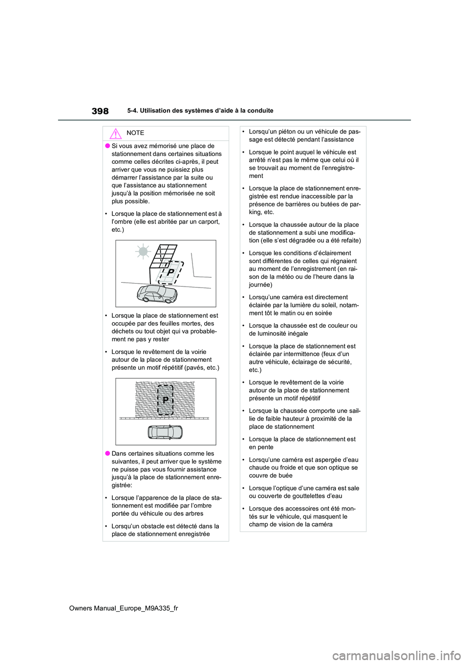 TOYOTA BZ4X 2022  Notices Demploi (in French) 398
Owners Manual_Europe_M9A335_fr
5-4. Utilisation des systèmes d’aide à la conduite
NOTE
●Si vous avez mémorisé une place de  
stationnement dans certaines situations  comme celles décrites