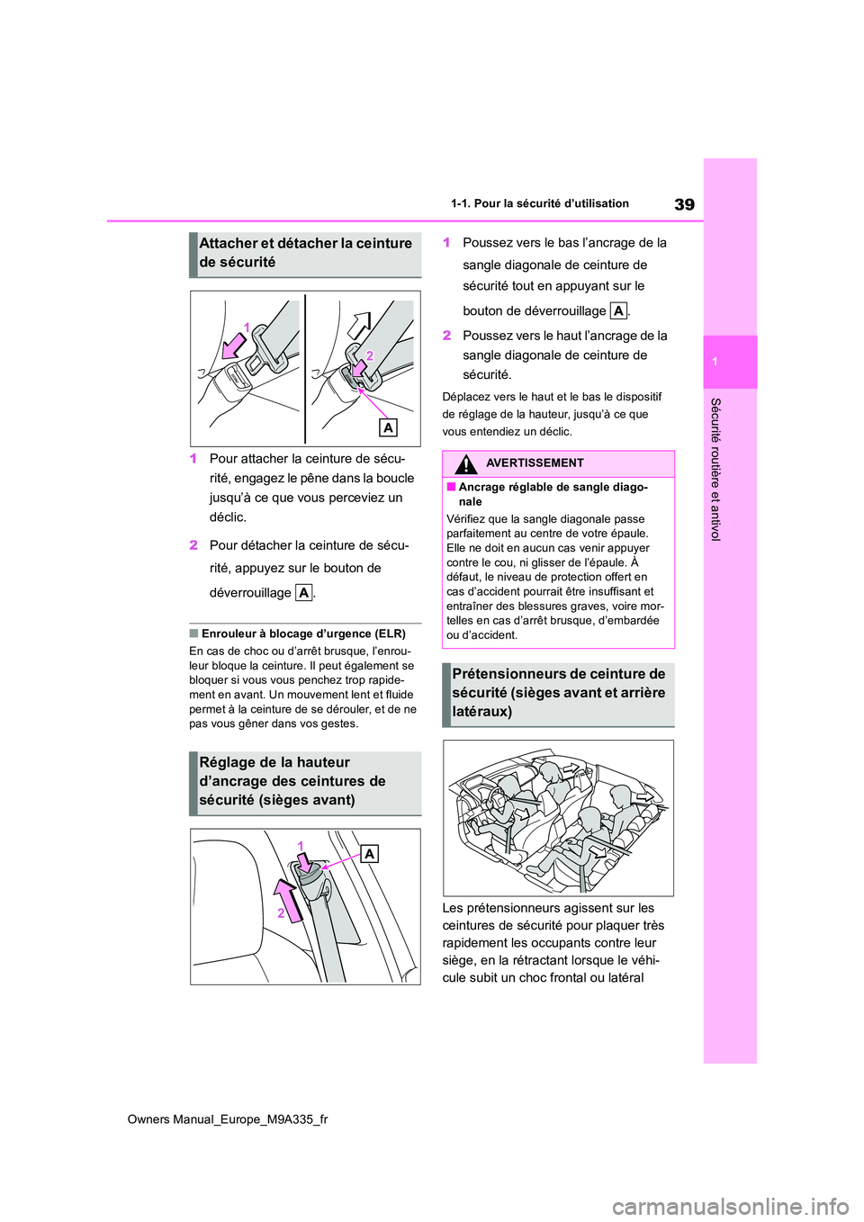 TOYOTA BZ4X 2022  Notices Demploi (in French) 39
1
Owners Manual_Europe_M9A335_fr
1-1. Pour la sécurité d’utilisation
Sécurité routière et antivol
1Pour attacher la ceinture de sécu- 
rité, engagez le pêne dans la boucle  
jusqu’à ce