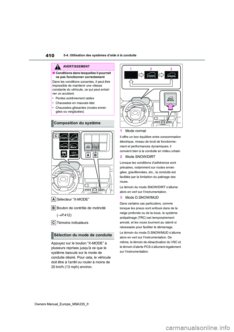 TOYOTA BZ4X 2022  Notices Demploi (in French) 410
Owners Manual_Europe_M9A335_fr
5-4. Utilisation des systèmes d’aide à la conduite
Sélecteur “X-MODE” 
Bouton de contrôle de motricité  
( P.412) 
Témoins indicateurs 
Appuyez sur le