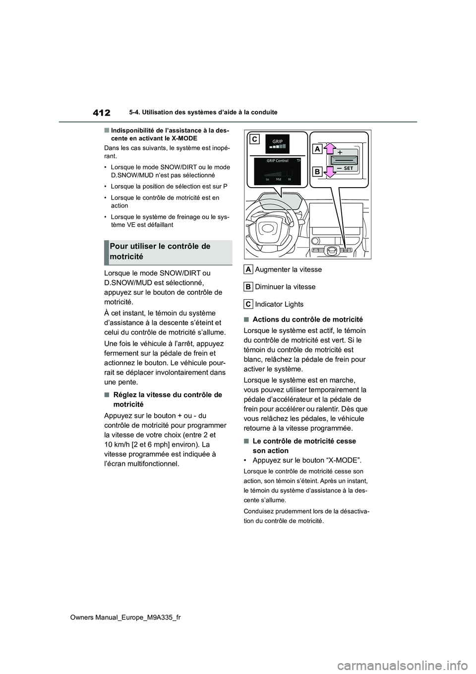 TOYOTA BZ4X 2022  Notices Demploi (in French) 412
Owners Manual_Europe_M9A335_fr
5-4. Utilisation des systèmes d’aide à la conduite
■Indisponibilité de l’assistance à la des- cente en activant le X-MODE 
Dans les cas suivants, le systè