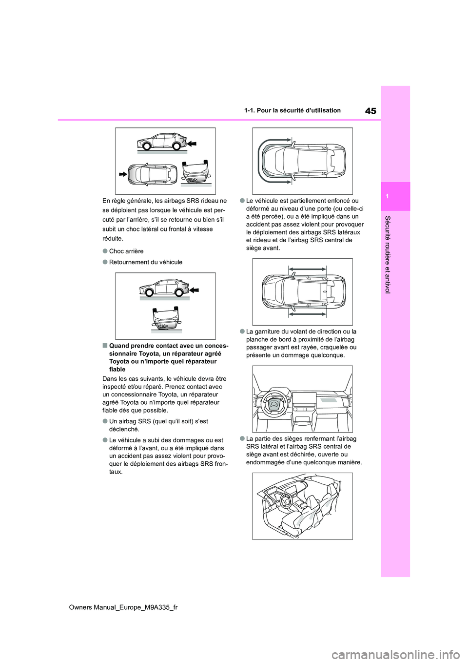 TOYOTA BZ4X 2022  Notices Demploi (in French) 45
1
Owners Manual_Europe_M9A335_fr
1-1. Pour la sécurité d’utilisation
Sécurité routière et antivol
En règle générale, les airbags SRS rideau ne  
se déploient pas lorsque le véhicule est