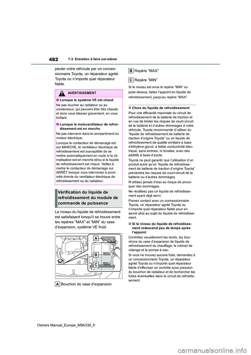 TOYOTA BZ4X 2022  Notices Demploi (in French) 482
Owners Manual_Europe_M9A335_fr
7-3. Entretien à faire soi-même
pecter votre véhicule par un conces- 
sionnaire Toyota, un réparateur agréé 
Toyota ou n’importe quel réparateur 
fiable. 
L