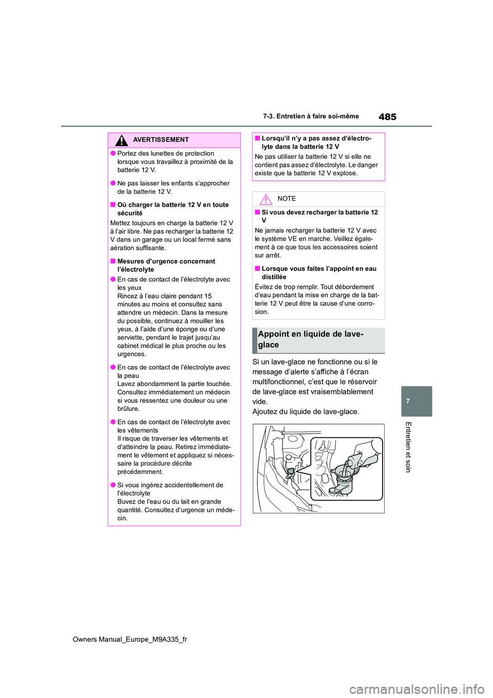 TOYOTA BZ4X 2022  Notices Demploi (in French) 485
7
Owners Manual_Europe_M9A335_fr
7-3. Entretien à faire soi-même
Entretien et soin
Si un lave-glace ne fonctionne ou si le  
message d’alerte s’affiche à l’écran 
multifonctionnel, c’e