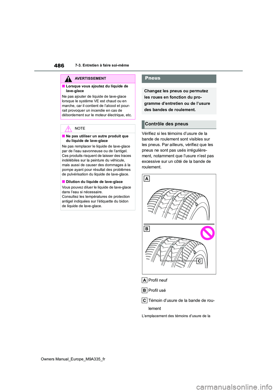 TOYOTA BZ4X 2022  Notices Demploi (in French) 486
Owners Manual_Europe_M9A335_fr
7-3. Entretien à faire soi-même
Vérifiez si les témoins d’usure de la  
bande de roulement sont visibles sur 
les pneus. Par ailleurs, vérifiez que les 
pneus