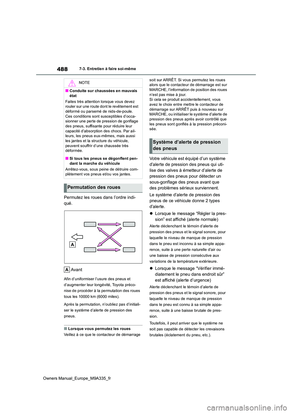 TOYOTA BZ4X 2022  Notices Demploi (in French) 488
Owners Manual_Europe_M9A335_fr
7-3. Entretien à faire soi-même
Permutez les roues dans l’ordre indi- 
qué. 
Avant
Afin d’uniformiser l’usure des pneus et  
d’augmenter leur longévité,