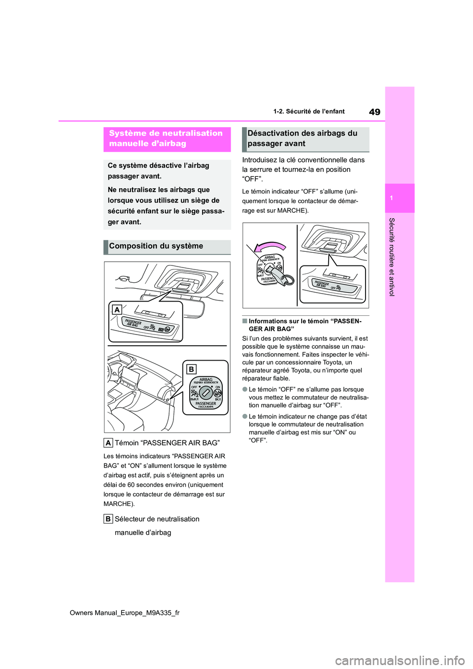 TOYOTA BZ4X 2022  Notices Demploi (in French) 49
1
Owners Manual_Europe_M9A335_fr
1-2. Sécurité de l’enfant
Sécurité routière et antivol
1-2.Sécu rité  de  l’e nfa nt
Témoin “PASSENGER AIR BAG”
Les témoins indicateurs “PASSENGE
