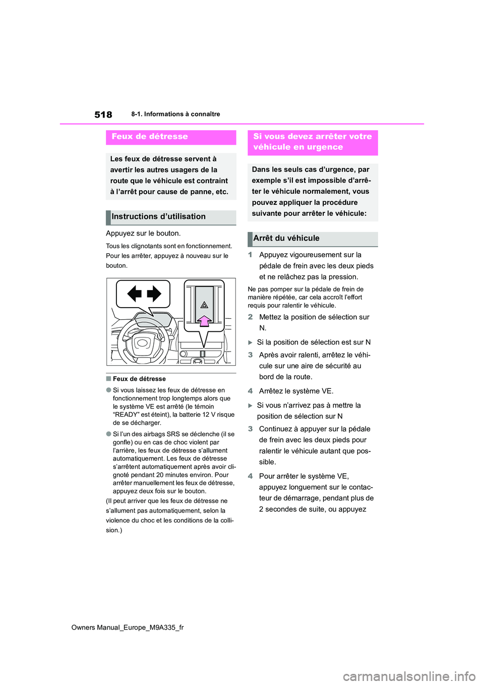 TOYOTA BZ4X 2022  Notices Demploi (in French) 518
Owners Manual_Europe_M9A335_fr
8-1. Informations à connaître
8- 1. In for m ati ons  à  co nnaî tr e
Appuyez sur le bouton.
Tous les clignotants sont en fonctionnement.  
Pour les arrêter, ap
