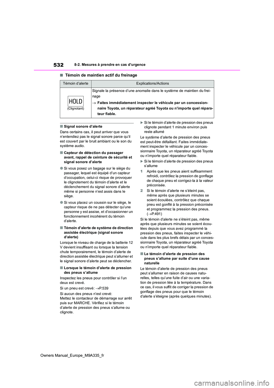 TOYOTA BZ4X 2022  Notices Demploi (in French) 532
Owners Manual_Europe_M9A335_fr
8-2. Mesures à prendre en cas d’urgence
■Témoin de maintien actif du freinage
■Signal sonore d’alerte 
Dans certains cas, il peut arriver que vous  n’ent