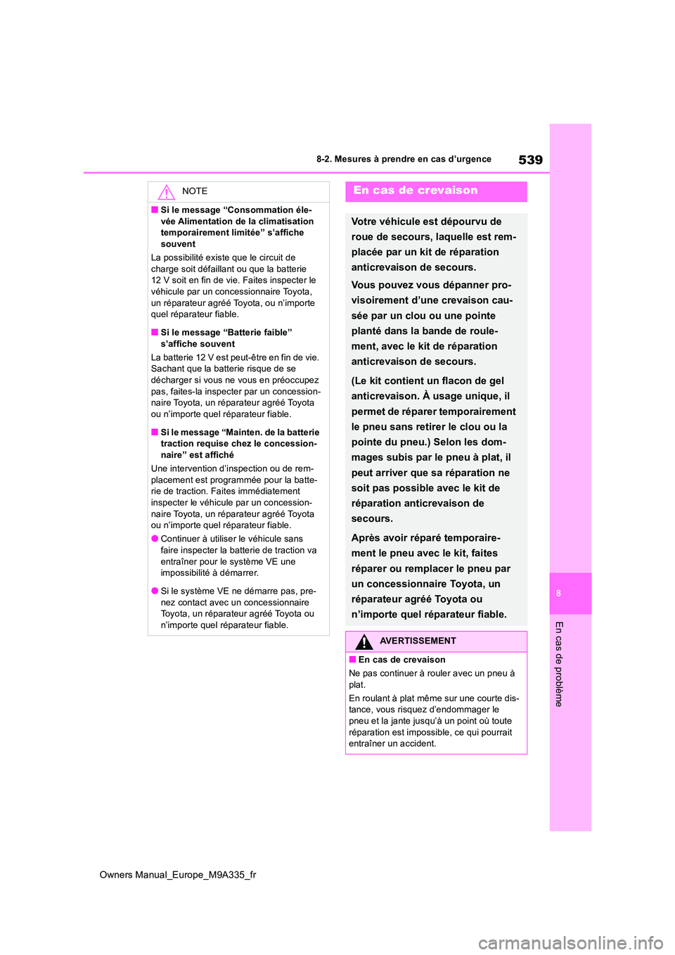 TOYOTA BZ4X 2022  Notices Demploi (in French) 539
8
Owners Manual_Europe_M9A335_fr
8-2. Mesures à prendre en cas d’urgence
En cas de problème
NOTE
■Si le message “Consommation éle- 
vée Alimentation de la climatisation  temporairement l