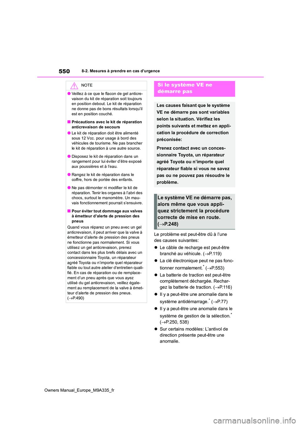 TOYOTA BZ4X 2022  Notices Demploi (in French) 550
Owners Manual_Europe_M9A335_fr
8-2. Mesures à prendre en cas d’urgence
Le problème est peut-être dû à l’une  
des causes suivantes: 
 Le câble de recharge est peut-être  
branché au