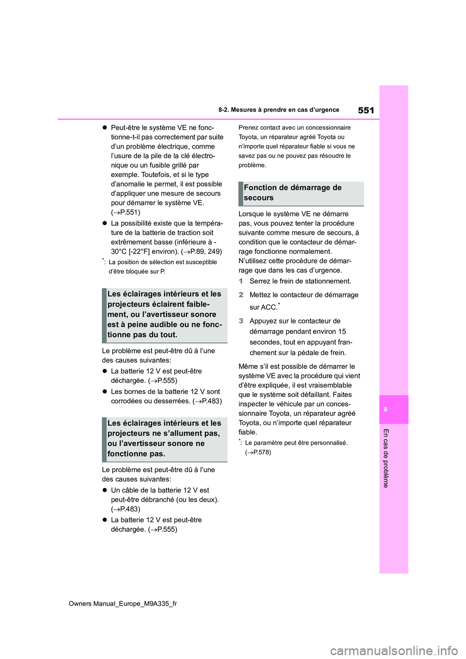 TOYOTA BZ4X 2022  Notices Demploi (in French) 551
8
Owners Manual_Europe_M9A335_fr
8-2. Mesures à prendre en cas d’urgence
En cas de problème
Peut-être le système VE ne fonc- 
tionne-t-il pas correctement par suite 
d’un problème éle