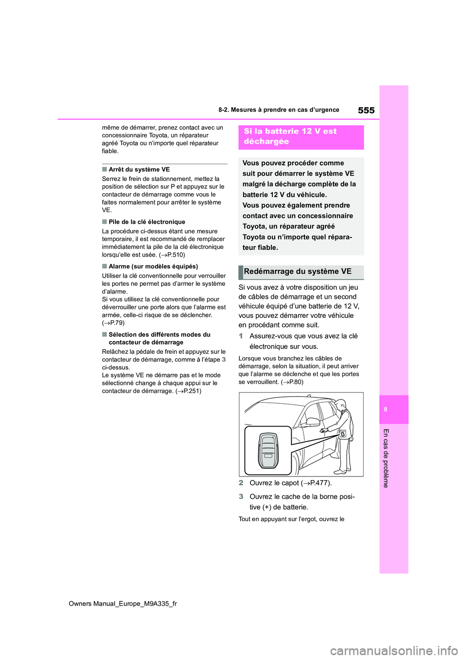 TOYOTA BZ4X 2022  Notices Demploi (in French) 555
8
Owners Manual_Europe_M9A335_fr
8-2. Mesures à prendre en cas d’urgence
En cas de problème
même de démarrer, prenez contact avec un  concessionnaire Toyota, un réparateur agréé Toyota ou