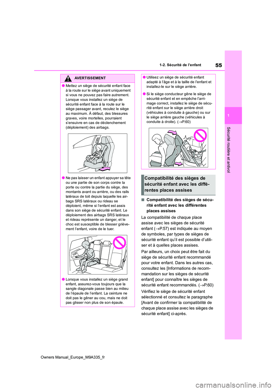 TOYOTA BZ4X 2022  Notices Demploi (in French) 55
1
Owners Manual_Europe_M9A335_fr
1-2. Sécurité de l’enfant
Sécurité routière et antivol
■Compatibilité des sièges de sécu- 
rité enfant avec les différentes 
places assises 
La compat