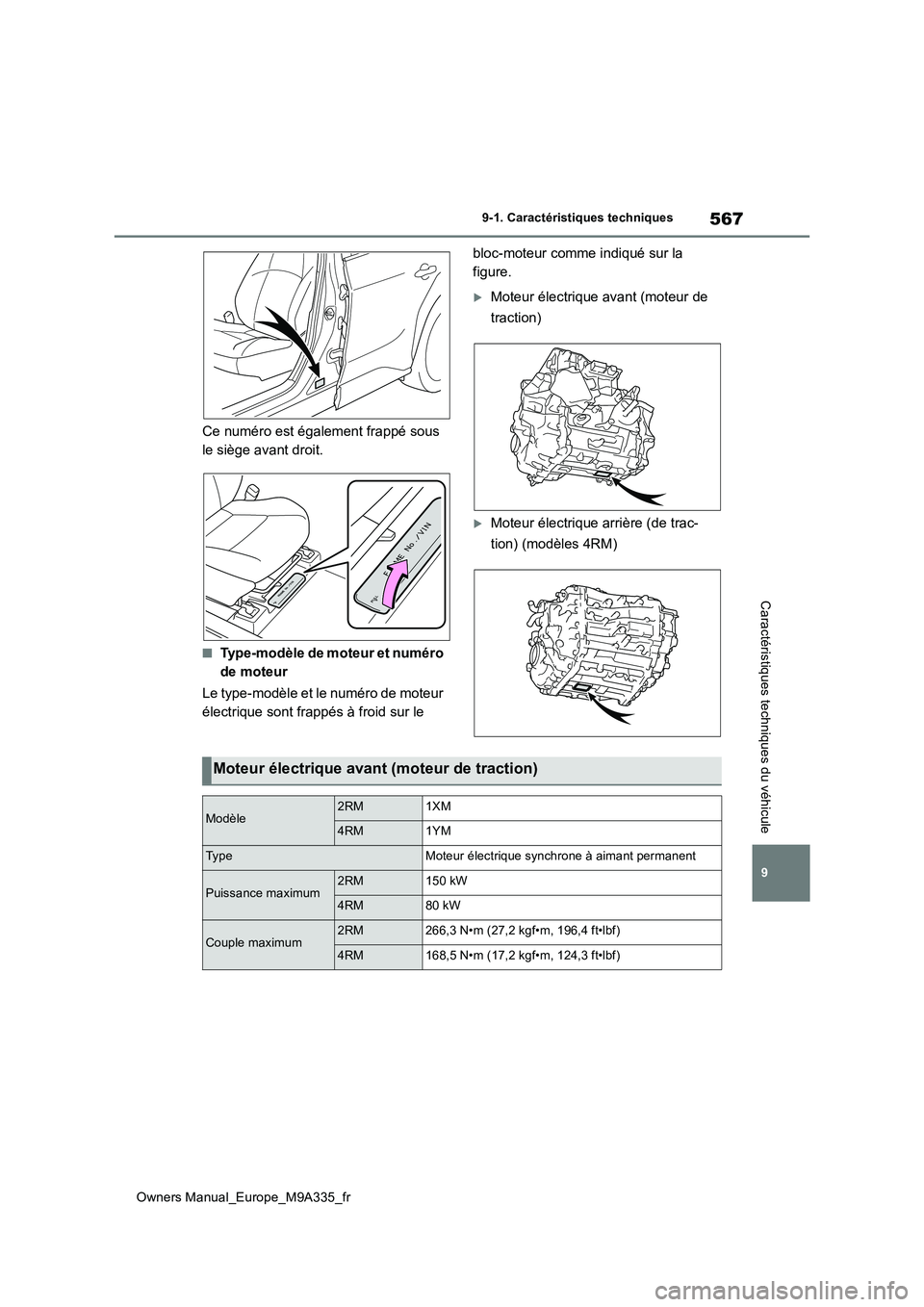 TOYOTA BZ4X 2022  Notices Demploi (in French) 567
9
Owners Manual_Europe_M9A335_fr
9-1. Caractéristiques techniques
Caractéristiques techniques du véhicule
Ce numéro est également frappé sous  
le siège avant droit.
■Type-modèle de mote