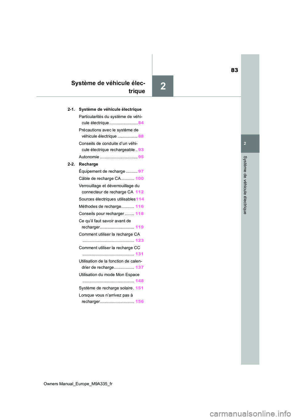 TOYOTA BZ4X 2022  Notices Demploi (in French) 2
83
Owners Manual_Europe_M9A335_fr
2
Système de véhicule électrique
Système de véhicule élec- 
trique
2-1. Système de véhicule électrique 
Particularités du système de véhi- 
cule électr