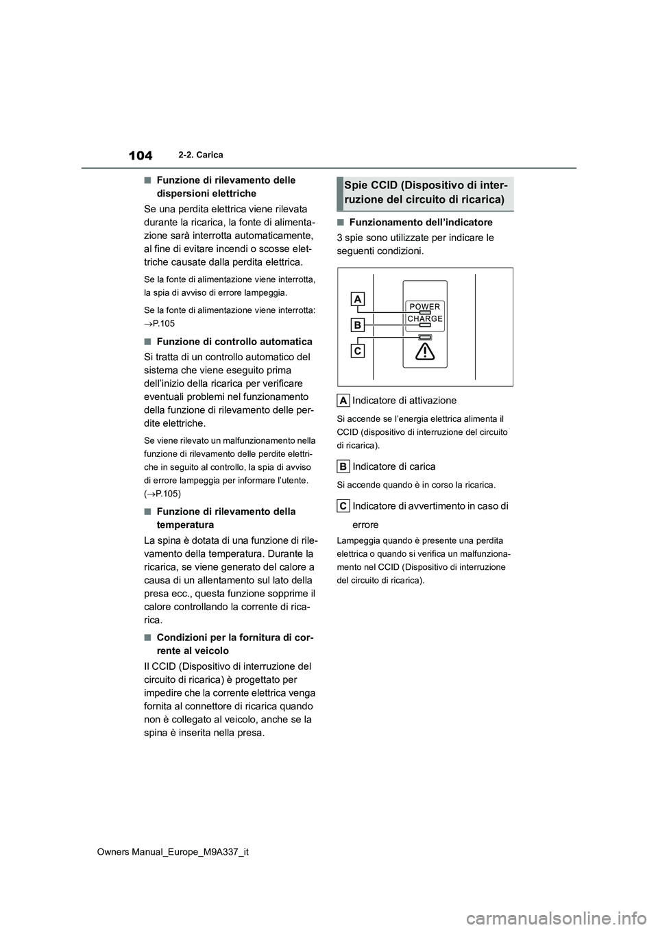 TOYOTA BZ4X 2022  Manuale duso (in Italian) 104
Owners Manual_Europe_M9A337_it
2-2. Carica
■Funzione di rilevamento delle  
dispersioni elettriche 
Se una perdita elettrica viene rilevata  
durante la ricarica, la fonte di alimenta-
zione sar