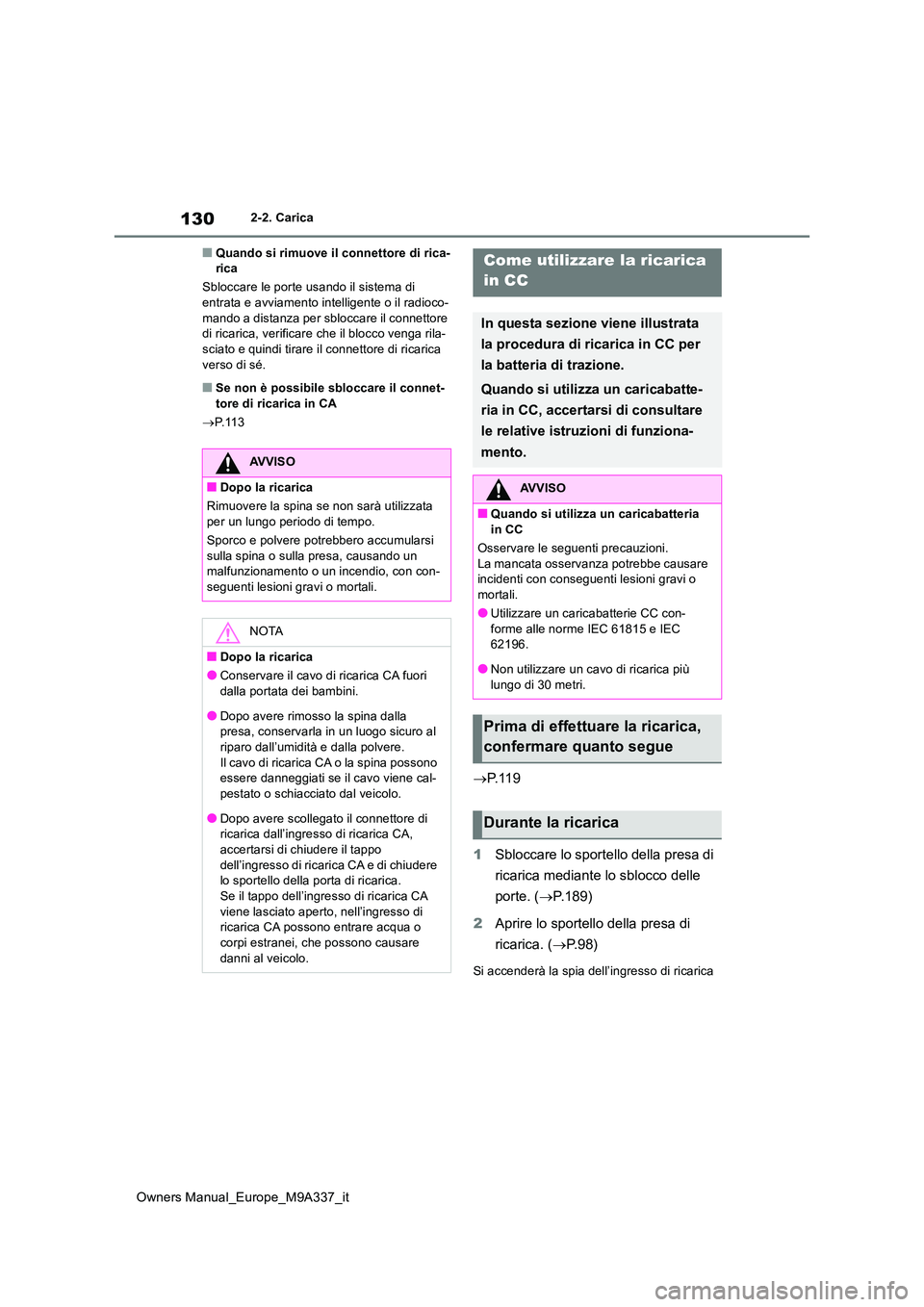 TOYOTA BZ4X 2022  Manuale duso (in Italian) 130
Owners Manual_Europe_M9A337_it
2-2. Carica
■Quando si rimuove il connettore di rica- rica 
Sbloccare le porte usando il sistema di  entrata e avviamento intelligente o il radioco- 
mando a dista