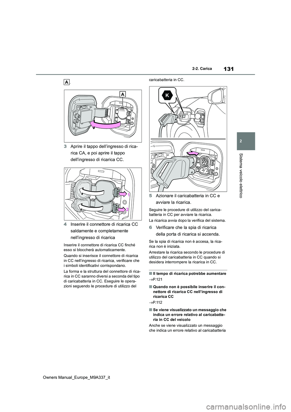 TOYOTA BZ4X 2022  Manuale duso (in Italian) 131
2
Owners Manual_Europe_M9A337_it
2-2. Carica
Sistema veicolo elettrico
.
3Aprire il tappo dell’ingresso di rica- 
rica CA, e poi aprire il tappo  
dell’ingresso di ricarica CC. 
4 Inserire il 