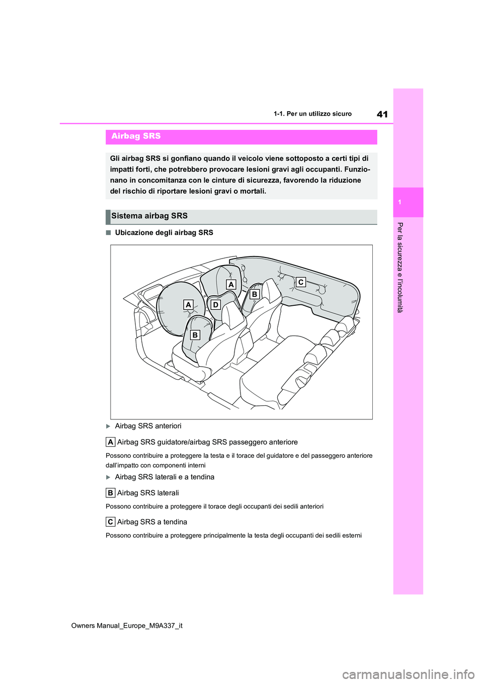 TOYOTA BZ4X 2022  Manuale duso (in Italian) 41
1
Owners Manual_Europe_M9A337_it
1-1. Per un utilizzo sicuro
Per la sicurezza e l’incolumità
■Ubicazione degli airbag SRS
Airbag SRS anteriori 
Airbag SRS guidatore/airbag SRS passeggero an