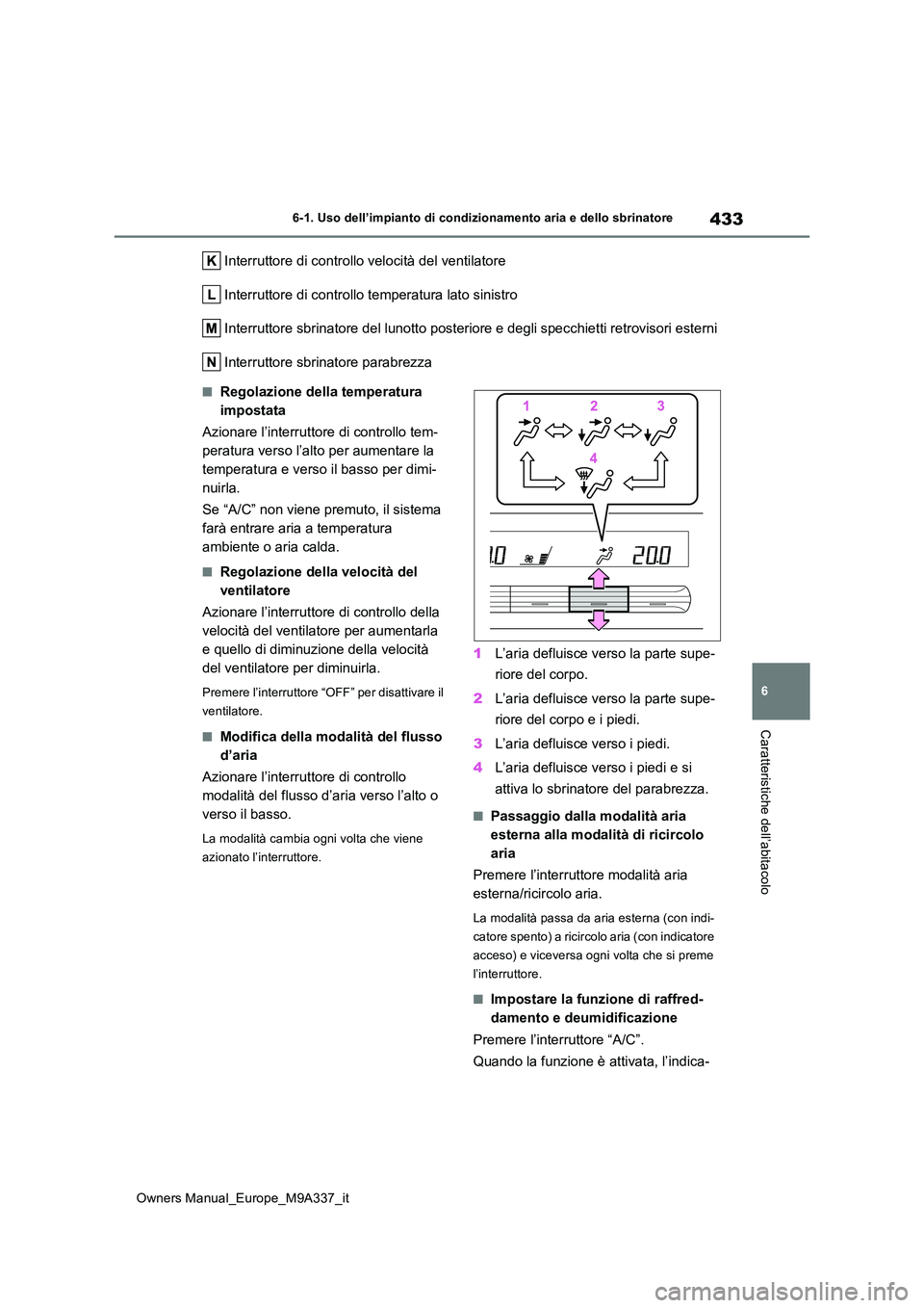 TOYOTA BZ4X 2022  Manuale duso (in Italian) 433
6
Owners Manual_Europe_M9A337_it
6-1. Uso dell’impianto di condizionamento aria e dello sbrinatore
Caratteristiche dell’abitacolo
Interruttore di controllo velocità del ventilatore 
Interrutt