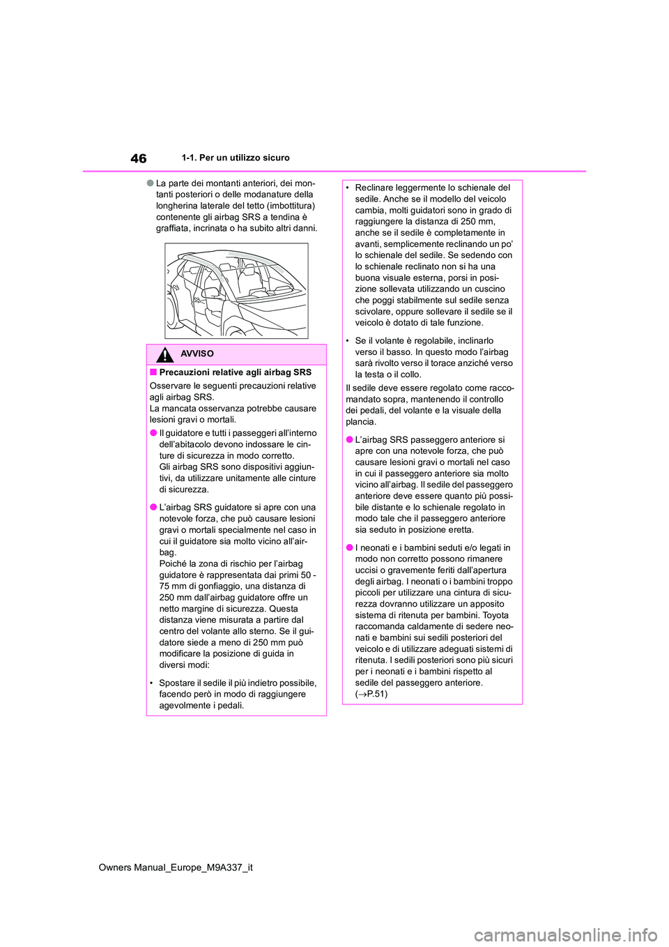 TOYOTA BZ4X 2022  Manuale duso (in Italian) 46
Owners Manual_Europe_M9A337_it
1-1. Per un utilizzo sicuro
●La parte dei montanti anteriori, dei mon- tanti posteriori o delle modanature della longherina laterale del tetto (imbottitura)  
conte