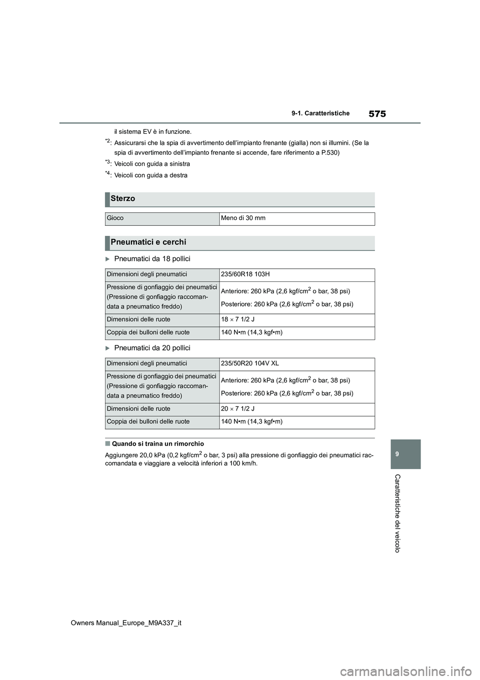 TOYOTA BZ4X 2022  Manuale duso (in Italian) 575
9
Owners Manual_Europe_M9A337_it
9-1. Caratteristiche
Caratteristiche del veicolo
il sistema EV è in funzione.
*2: Assicurarsi che la spia di avvertimento dell’impianto frenante (gialla) non si