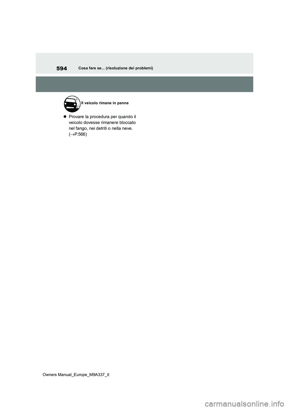 TOYOTA BZ4X 2022  Manuale duso (in Italian) 594
Owners Manual_Europe_M9A337_it
Cosa fare se... (risoluzione dei problemi)
Provare la procedura per quando il  
veicolo dovesse rimanere bloccato 
nel fango, nei detriti o nella neve. 
( P.56