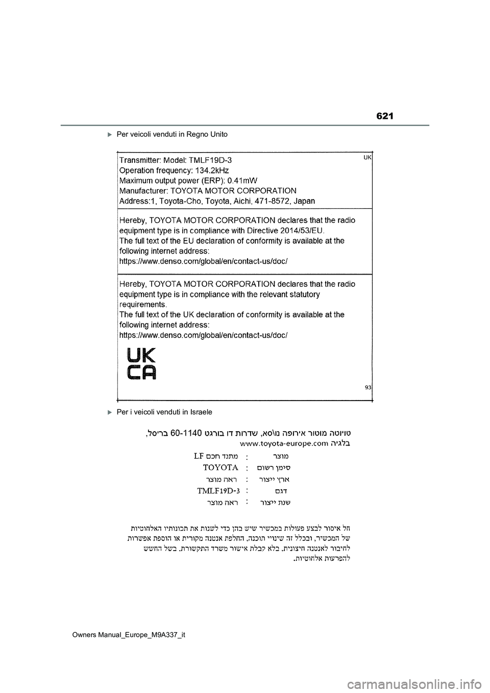 TOYOTA BZ4X 2022  Manuale duso (in Italian) 621
Owners Manual_Europe_M9A337_it
Per veicoli venduti in Regno Unito
Per i veicoli venduti in Israele 