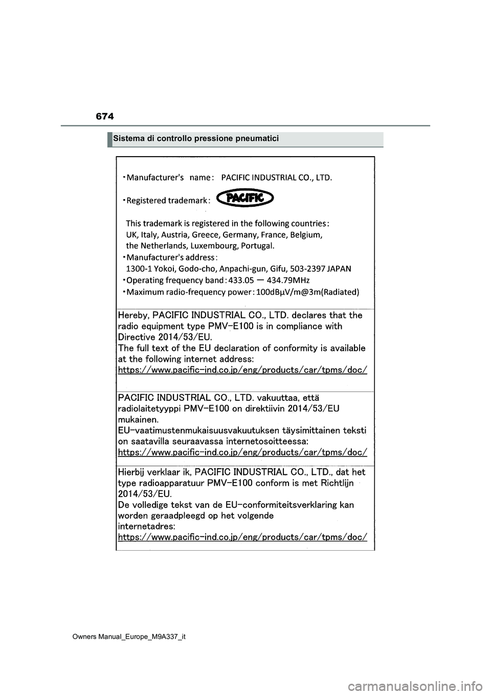TOYOTA BZ4X 2022  Manuale duso (in Italian) 674
Owners Manual_Europe_M9A337_it
Sistema di controllo pressione pneumatici 
