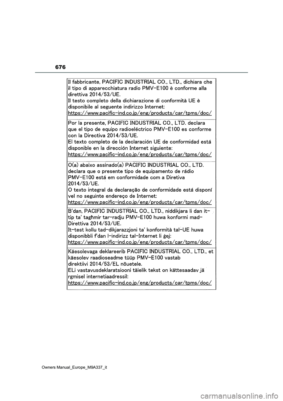 TOYOTA BZ4X 2022  Manuale duso (in Italian) 676
Owners Manual_Europe_M9A337_it 