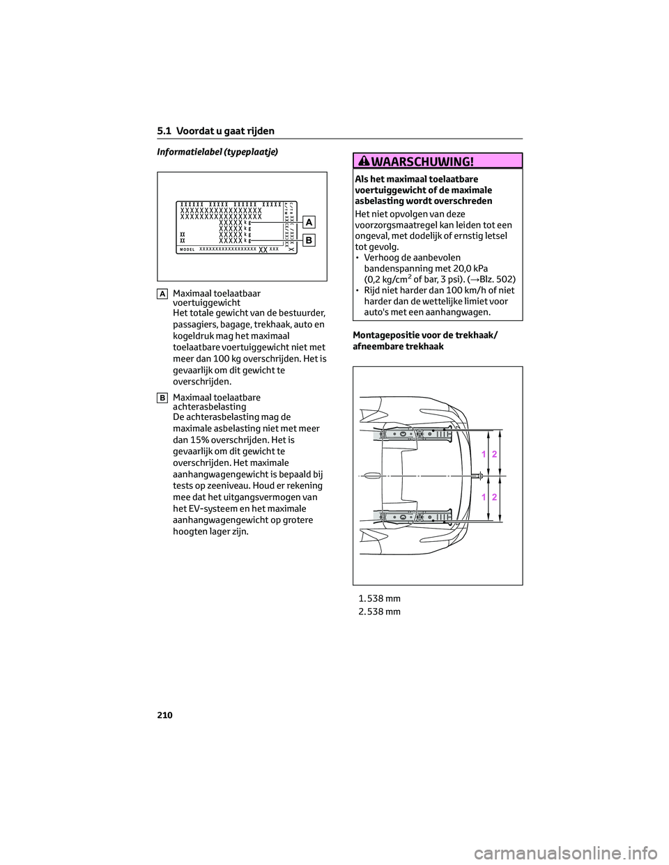 TOYOTA BZ4X 2022 Instructieboekje (in Dutch) Informatielabel (typeplaatje)
AMaximaal toelaatbaar
voertuiggewicht
Het totale gewicht van de bestuurder,
passagiers, bagage, trekhaak, auto en
kogeldruk mag het maximaal
toelaatbare voertuiggewicht n TOYOTA BZ4X 2022 Instructieboekje (in Dutch) Informatielabel (typeplaatje)
AMaximaal toelaatbaar
voertuiggewicht
Het totale gewicht van de bestuurder,
passagiers, bagage, trekhaak, auto en
kogeldruk mag het maximaal
toelaatbare voertuiggewicht n