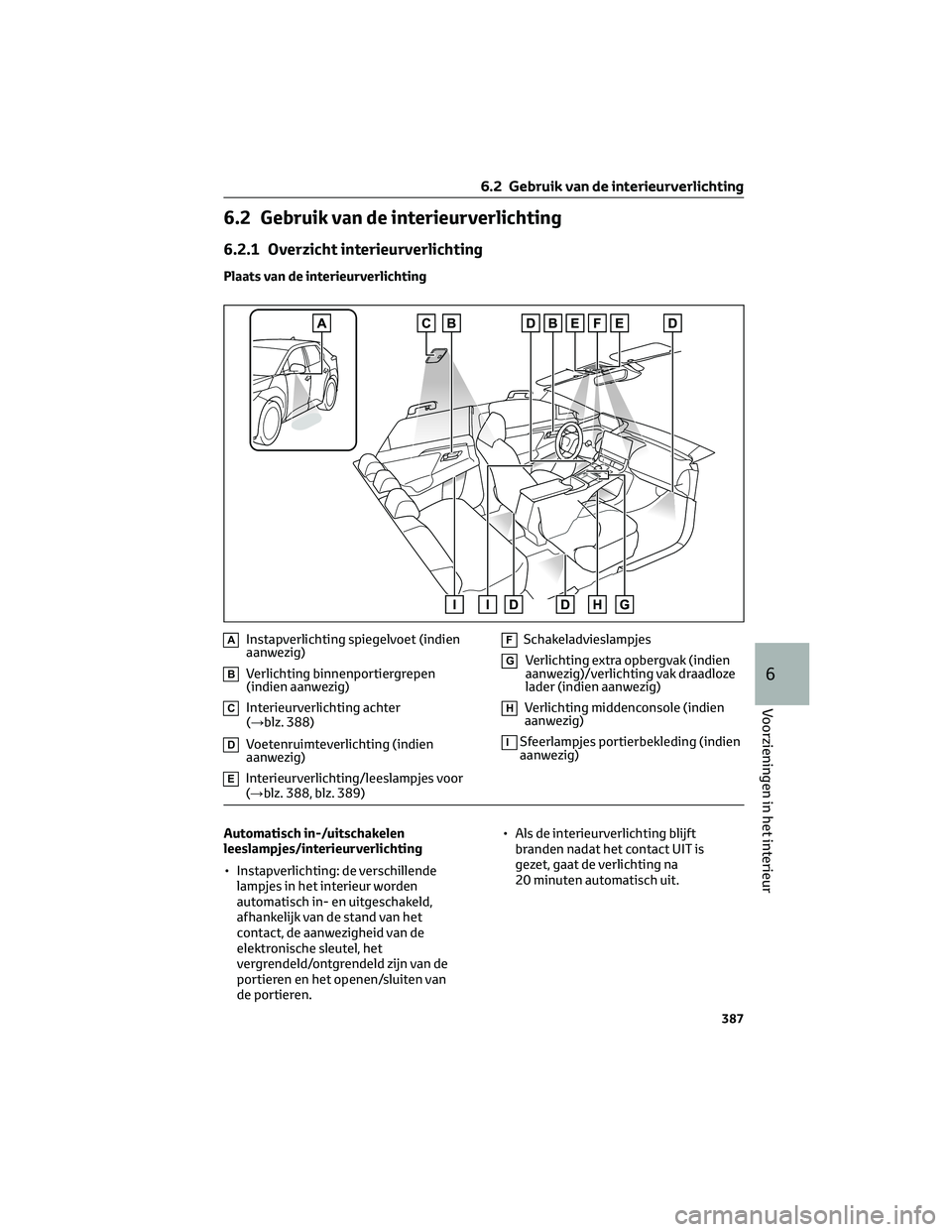 TOYOTA BZ4X 2022 Instructieboekje (in Dutch) 6.2 Gebruik van de interieurverlichting
6.2.1 Overzicht interieurverlichting
Plaats van de interieurverlichting
AInstapverlichting spiegelvoet (indien
aanwezig)
BVerlichting binnenportiergrepen
(indie TOYOTA BZ4X 2022 Instructieboekje (in Dutch) 6.2 Gebruik van de interieurverlichting
6.2.1 Overzicht interieurverlichting
Plaats van de interieurverlichting
AInstapverlichting spiegelvoet (indien
aanwezig)
BVerlichting binnenportiergrepen
(indie