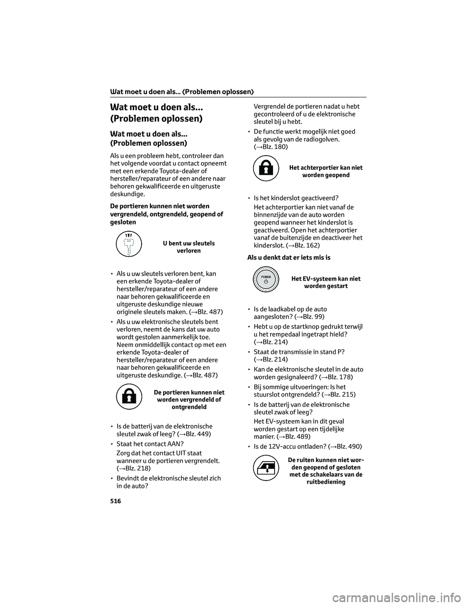 TOYOTA BZ4X 2022 Instructieboekje (in Dutch) Wat moet u doen als...
(Problemen oplossen)
Wat moet u doen als...
(Problemen oplossen)
Als u een probleem hebt, controleer dan
het volgende voordat u contact opneemt
met een erkende Toyota-dealer of
TOYOTA BZ4X 2022 Instructieboekje (in Dutch) Wat moet u doen als...
(Problemen oplossen)
Wat moet u doen als...
(Problemen oplossen)
Als u een probleem hebt, controleer dan
het volgende voordat u contact opneemt
met een erkende Toyota-dealer of