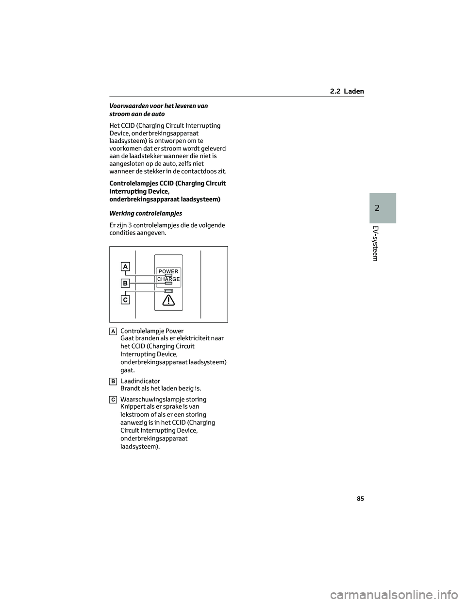 TOYOTA BZ4X 2022  Instructieboekje (in Dutch) Voorwaarden voor het leveren van
stroom aan de auto
Het CCID (Charging Circuit Interrupting
Device, onderbrekingsapparaat
laadsysteem) is ontworpen om te
voorkomen dat er stroom wordt geleverd
aan de 
