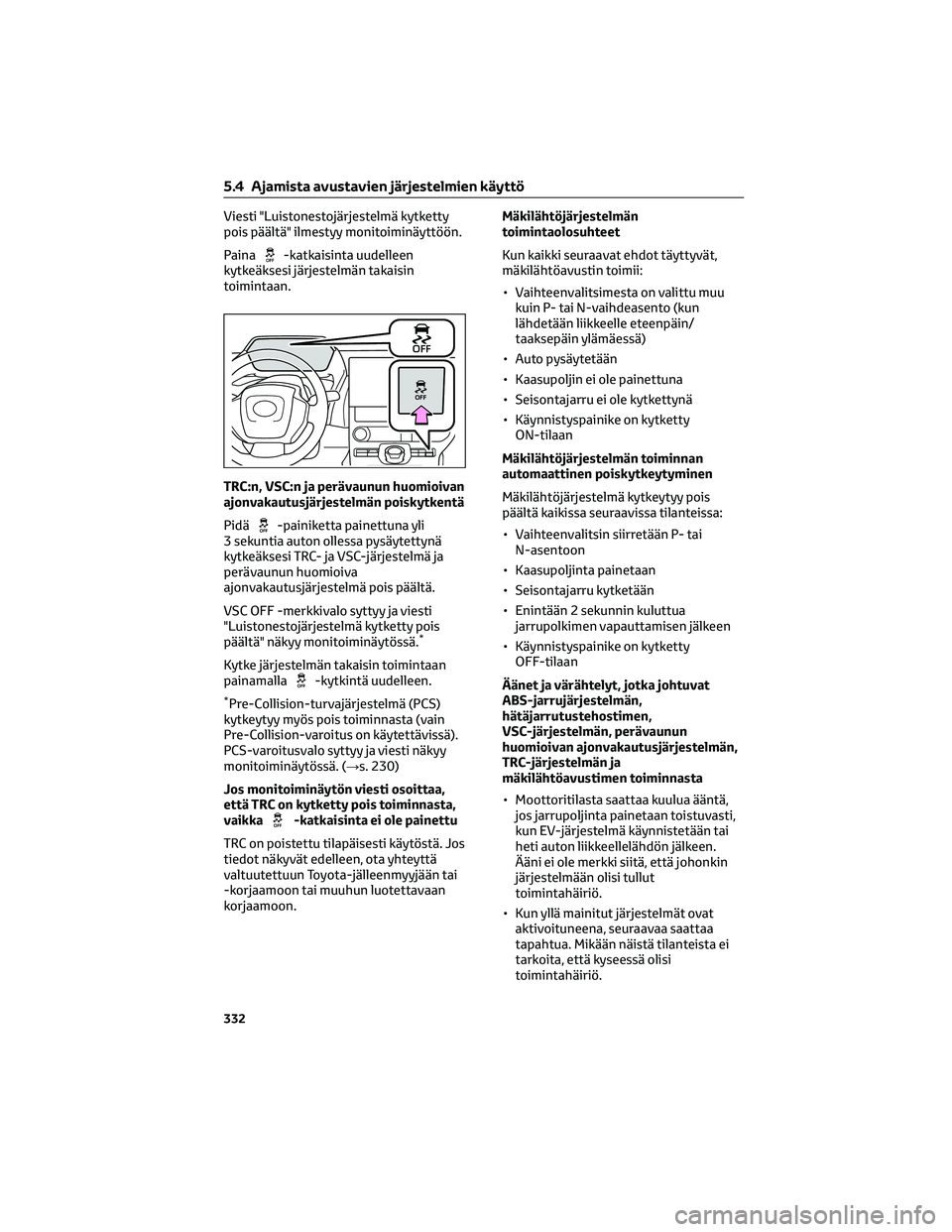 TOYOTA BZ4X 2022 Omistajan Käsikirja (in Finnish) Viesti "Luistonestojärjestelmä kytketty
pois päältä" ilmestyy monitoiminäyttöön.
Paina
-katkaisinta uudelleen
kytkeäksesi järjestelmän takaisin
toimintaan.
TRC:n, VSC:n ja perävaun TOYOTA BZ4X 2022 Omistajan Käsikirja (in Finnish) Viesti "Luistonestojärjestelmä kytketty
pois päältä" ilmestyy monitoiminäyttöön.
Paina
-katkaisinta uudelleen
kytkeäksesi järjestelmän takaisin
toimintaan.
TRC:n, VSC:n ja perävaun