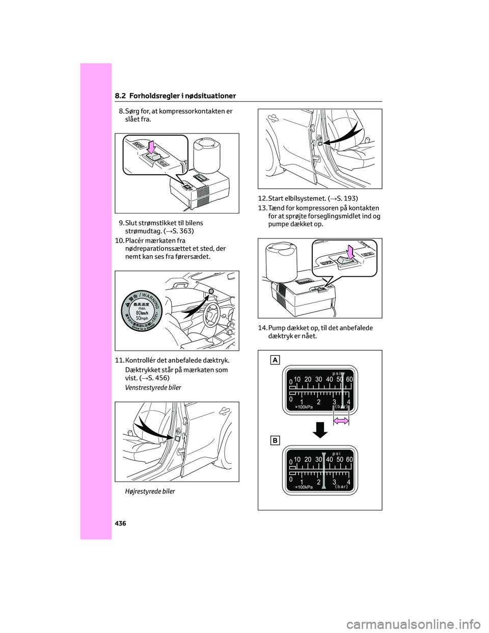 TOYOTA BZ4X 2022  Brugsanvisning (in Danish) 8. Sørg for, at kompressorkontakten er
slået fra.
9. Slut strømstikket til bilens
strømudtag. (→S. 363)
10. Placér mærkaten fra
nødreparationssættet et sted, der
nemt kan ses fra førersæde