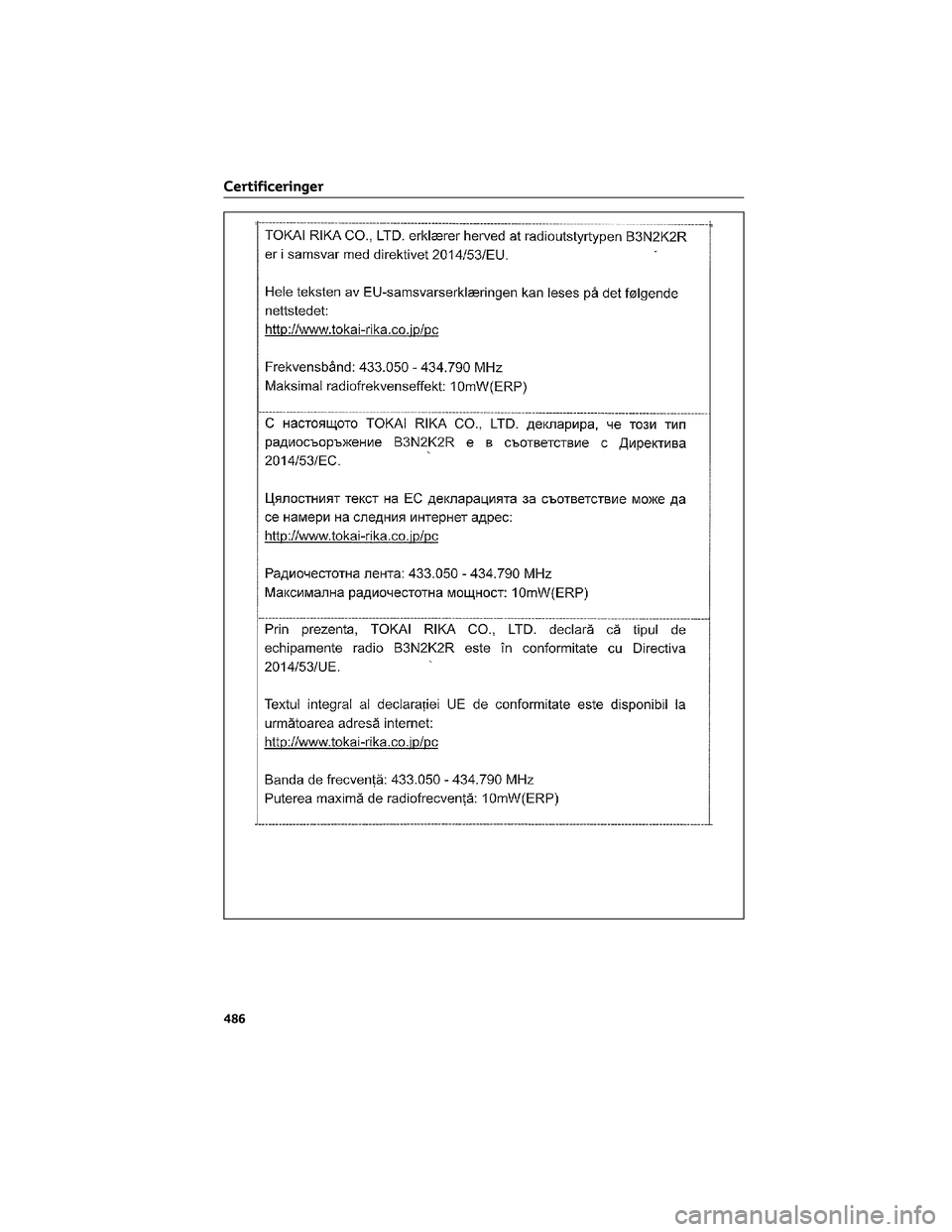 TOYOTA BZ4X 2022  Brugsanvisning (in Danish) Certificeringer
486 