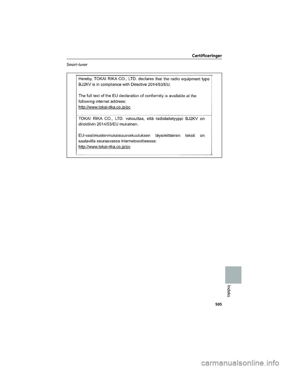 TOYOTA BZ4X 2022  Brugsanvisning (in Danish) Smart-tuner
Certificeringer
505
Indeks 