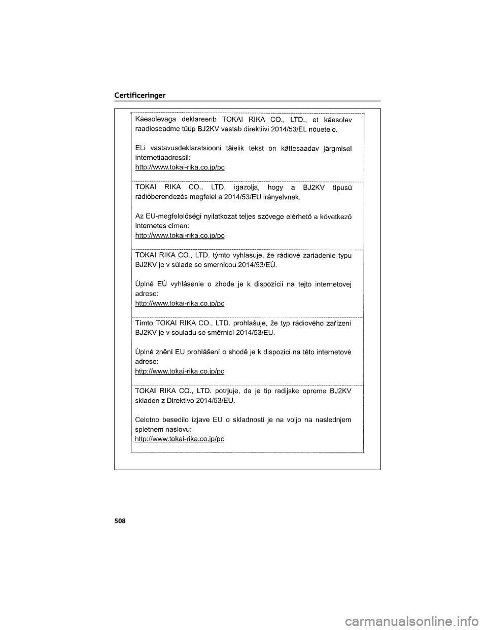 TOYOTA BZ4X 2022  Brugsanvisning (in Danish) Certificeringer
508 