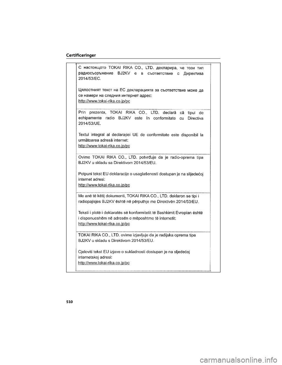 TOYOTA BZ4X 2022  Brugsanvisning (in Danish) Certificeringer
510 