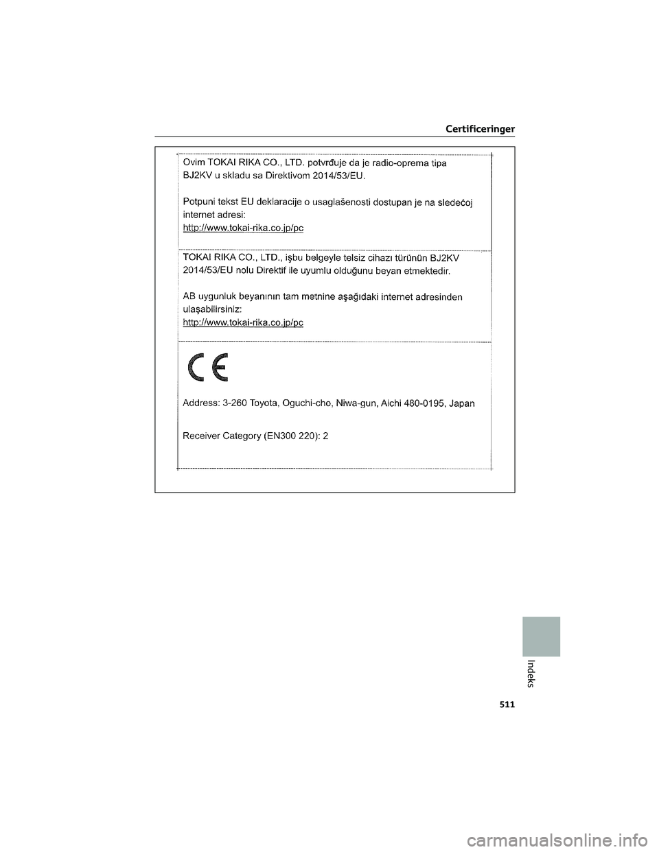 TOYOTA BZ4X 2022  Brugsanvisning (in Danish) Certificeringer
511
Indeks 