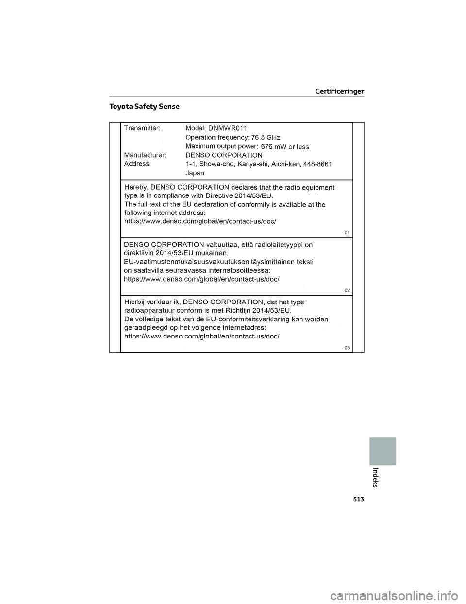 TOYOTA BZ4X 2022  Brugsanvisning (in Danish) Toyota Safety Sense
Certificeringer
513
Indeks 