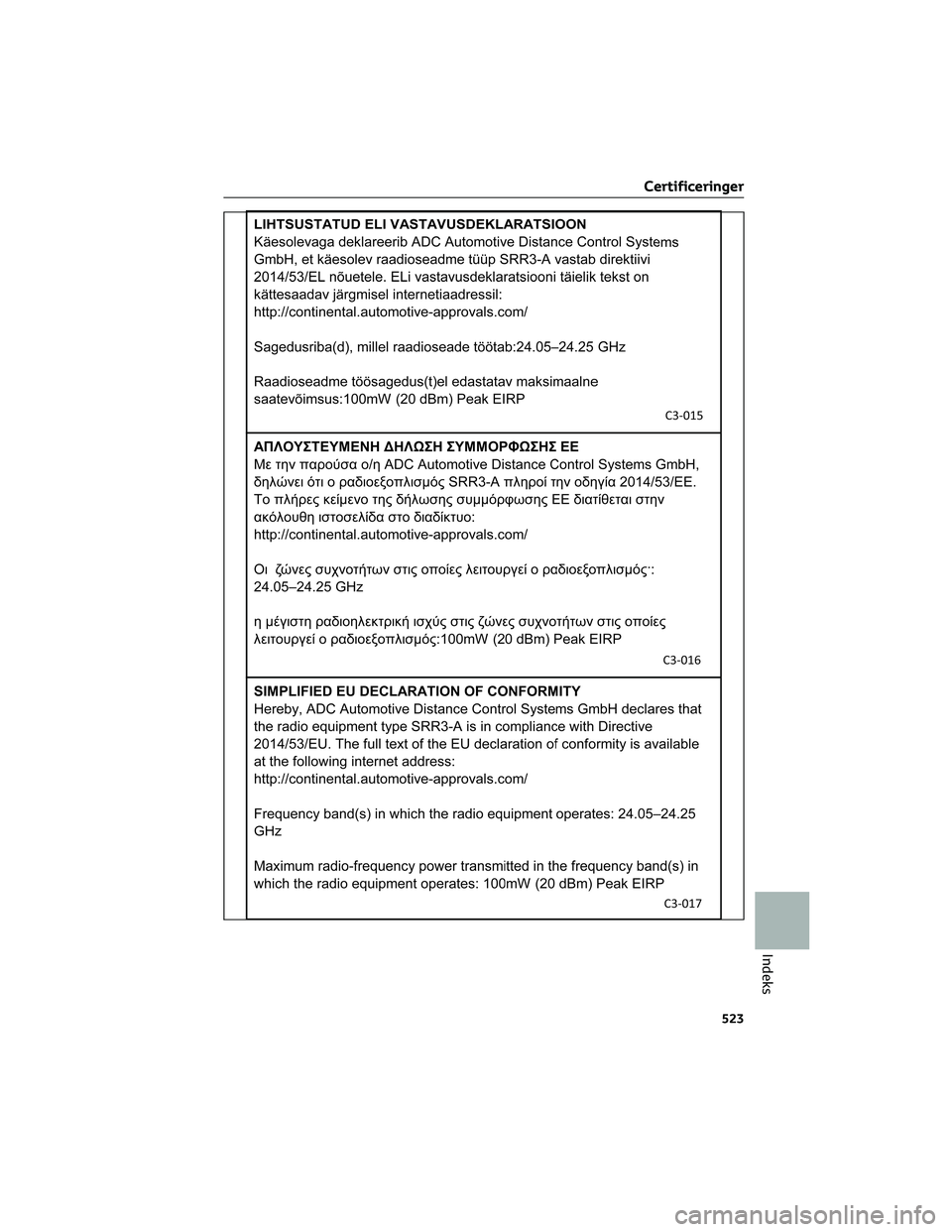 TOYOTA BZ4X 2022  Brugsanvisning (in Danish) Certificeringer
523
Indeks 