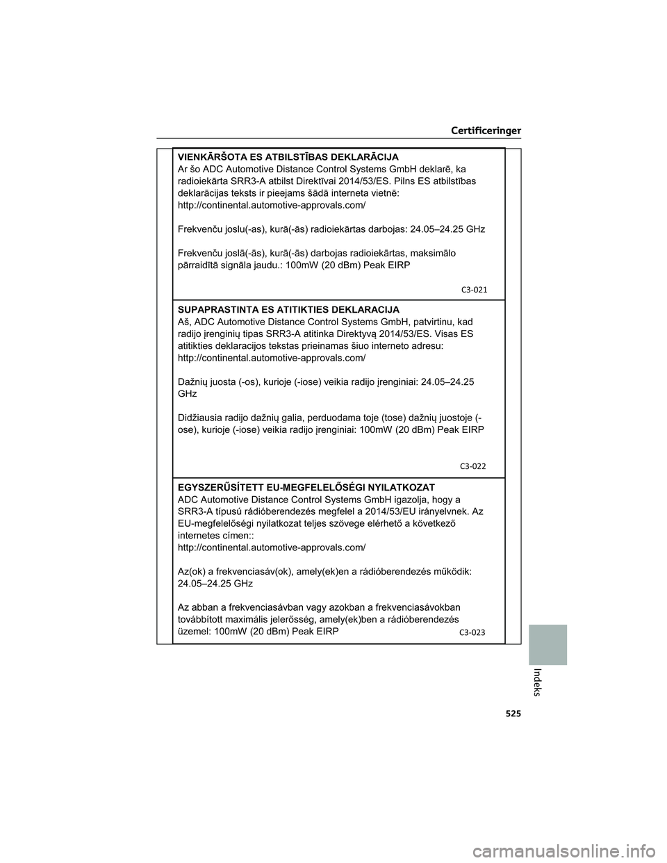 TOYOTA BZ4X 2022  Brugsanvisning (in Danish) Certificeringer
525
Indeks 