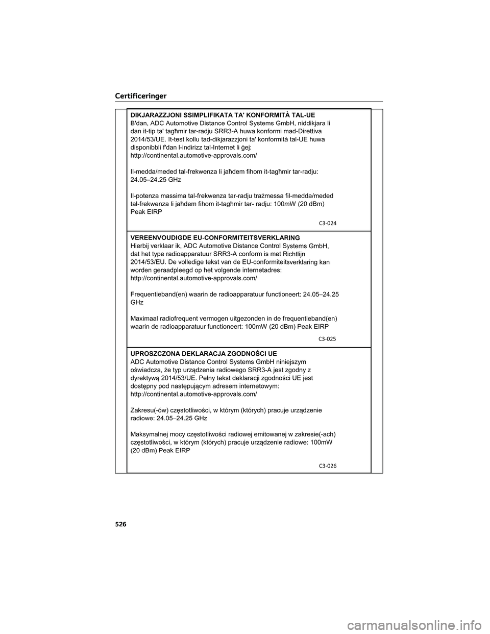 TOYOTA BZ4X 2022  Brugsanvisning (in Danish) Certificeringer
526 