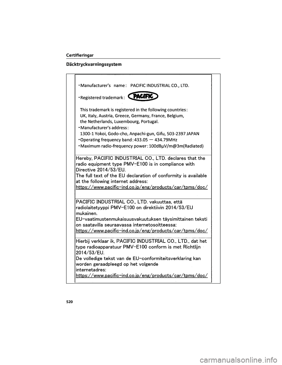 TOYOTA BZ4X 2022  Bruksanvisningar (in Swedish) Däcktryckvarningssystem
Certifieringar
520 