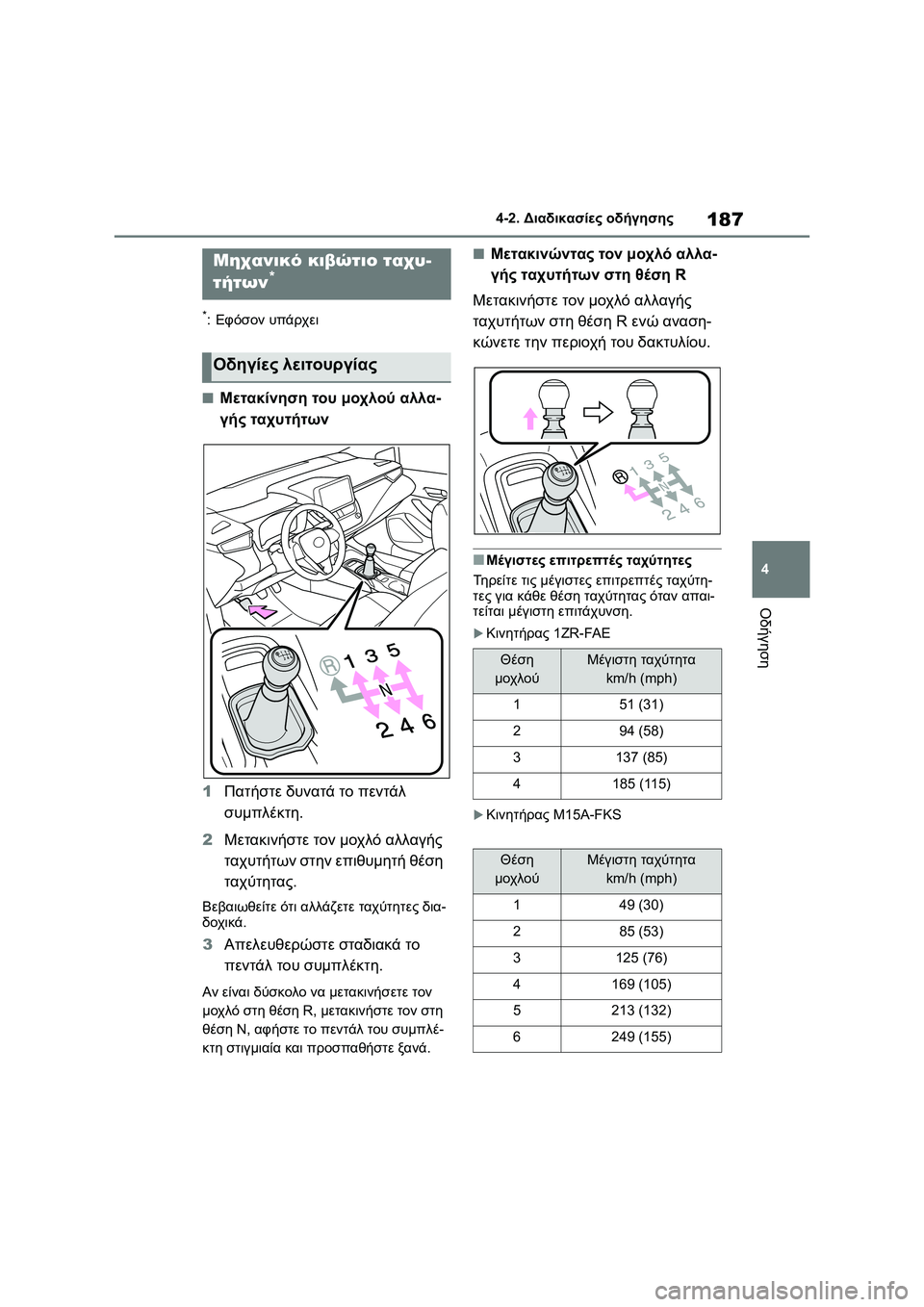 TOYOTA COROLLA 2022 ΟΔΗΓΌΣ ΧΡΉΣΗΣ (in Greek) 187
4 4-2. Διαδικασίες οδήγησης
Οδήγηση
*:Εφόσον υπάρχει
■Μετακίνηση του μοχλού αλλα-
γής ταχυτήτων
1Πατήστε δυνα TOYOTA COROLLA 2022 ΟΔΗΓΌΣ ΧΡΉΣΗΣ (in Greek) 187
4 4-2. Διαδικασίες οδήγησης
Οδήγηση
*:Εφόσον υπάρχει
■Μετακίνηση του μοχλού αλλα-
γής ταχυτήτων
1Πατήστε δυνα